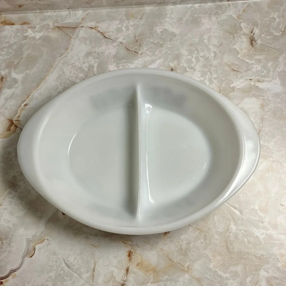 VTG Glasbake J2352 Brown Mushroom Oval Divided Milk Glass Casserole Serving Dish